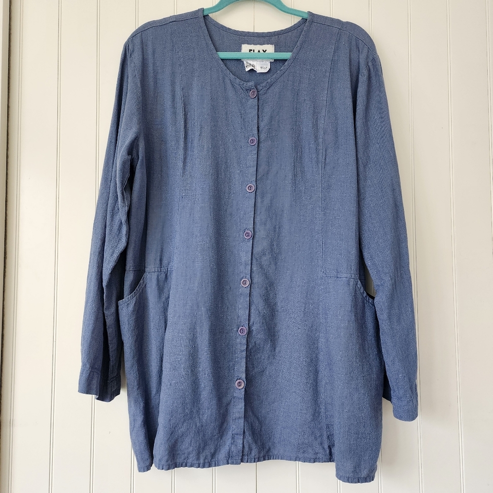 Flax Lightweight Long-Sleeve Linen Button Cardigan - Dusty Blue